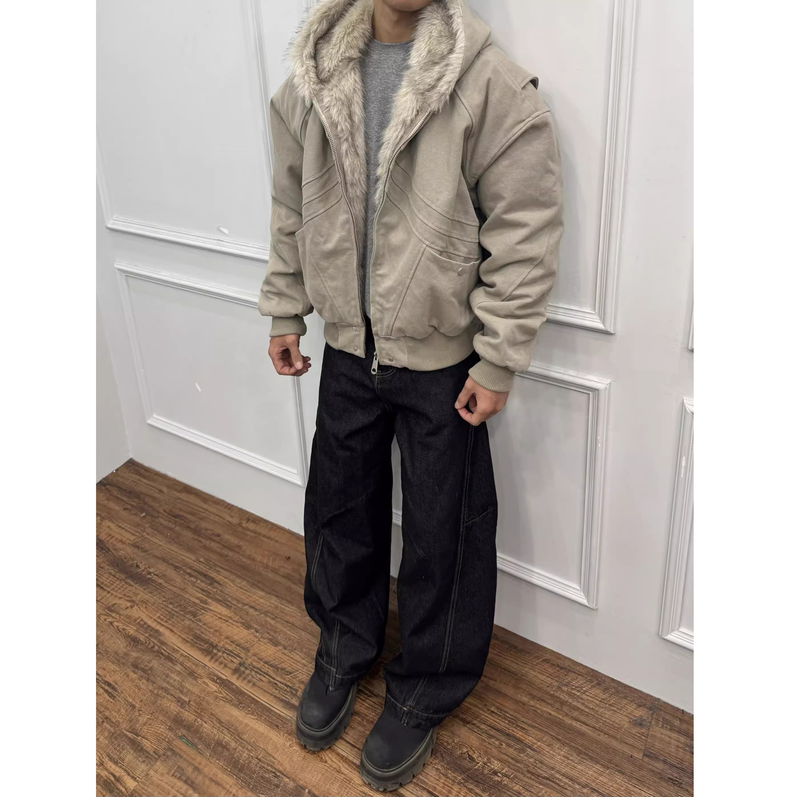 抖音新款超火“鲨雕”鲨鱼腮裁剪座山雕帆布仿兔毛廓形夹克棉服外套