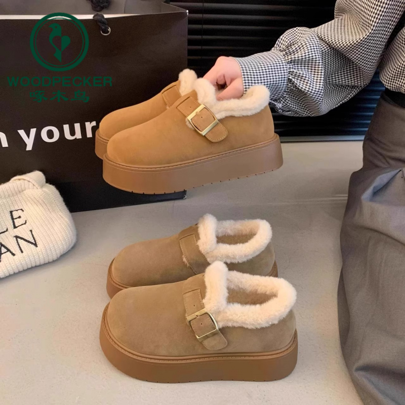 啄木鸟厚底勃肯鞋女冬季加绒保暖雪地靴2025新款棉鞋一脚蹬毛毛鞋