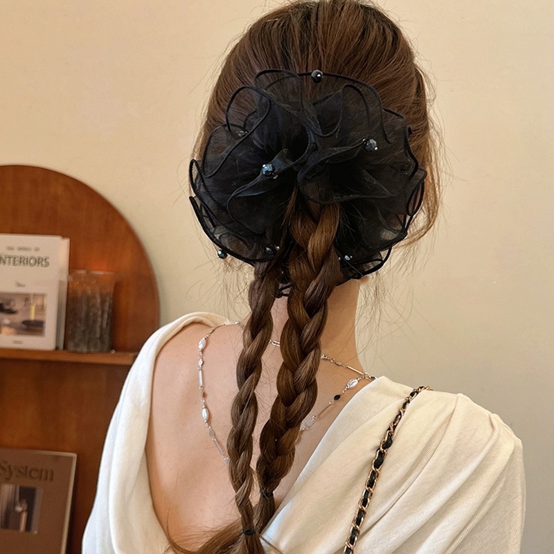 法式复古欧根纱大肠发圈高级感水晶头绳女新扎头发绳2025爆款洋气