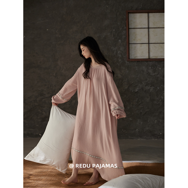 热妒睡裙女春秋宽松大码纯棉纱布带胸垫粉色睡衣家居服女士长裙