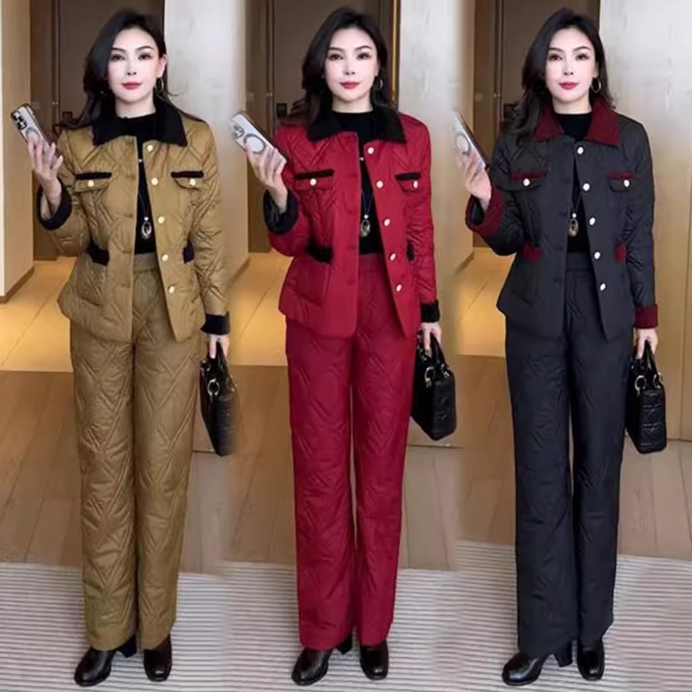 时尚加绒加厚套装女2025冬季新款保暖小香风棉服外套阔腿裤两件套