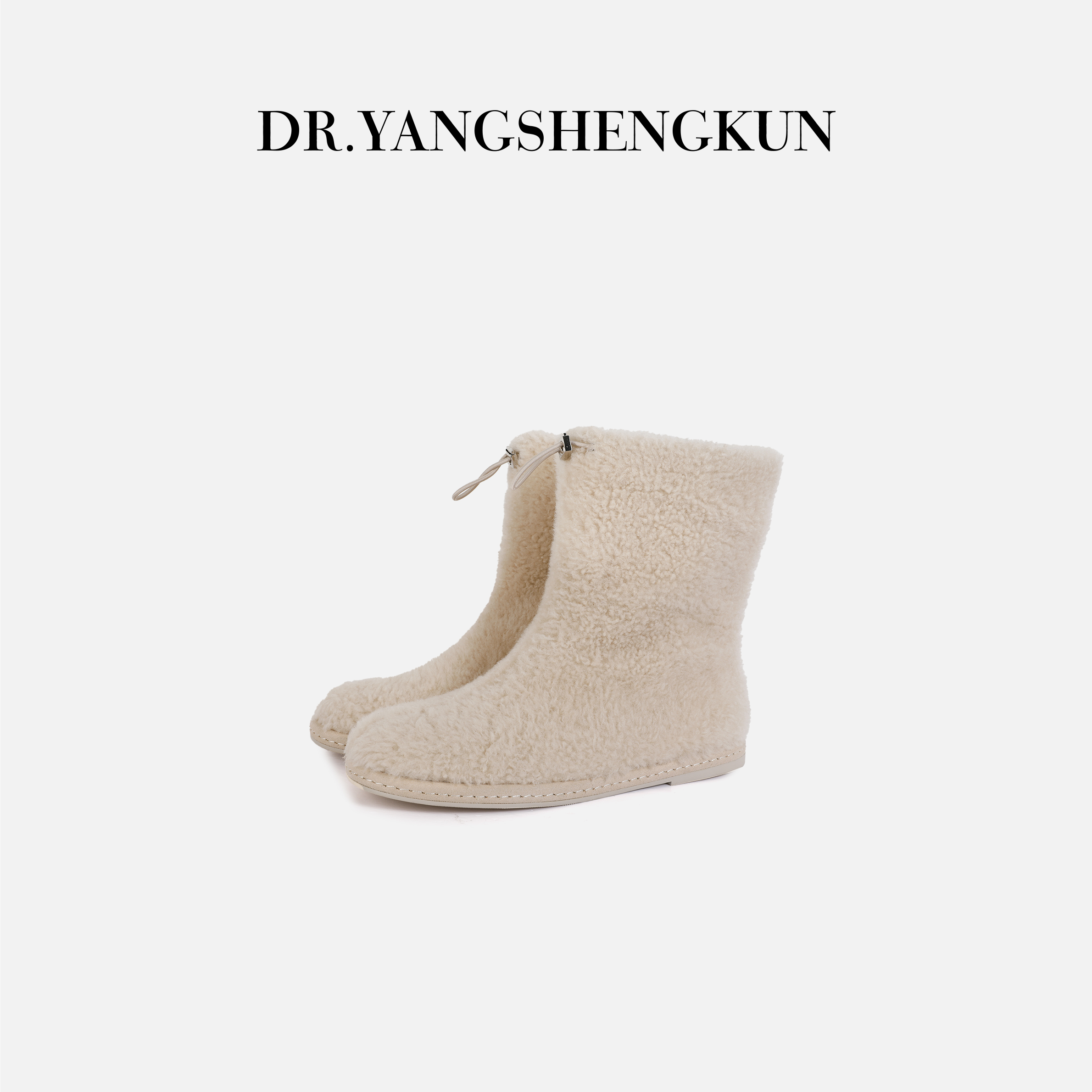 杨圣坤2025冬季新品珍珠羊羔毛厚底抽绳保暖加绒中筒靴B25111034