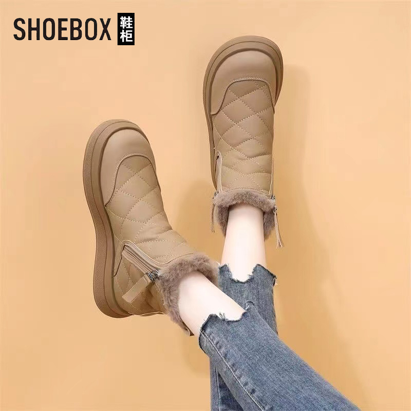 SHOEBOX鞋柜平底雪地靴女冬季加绒加厚保暖东北棉鞋防水防滑短靴