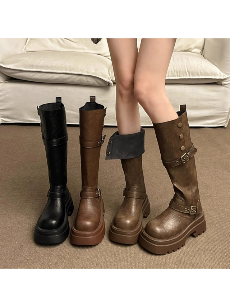 长筒休闲长靴女款2025秋冬季新款时尚百搭小个子复古风厚底时装靴