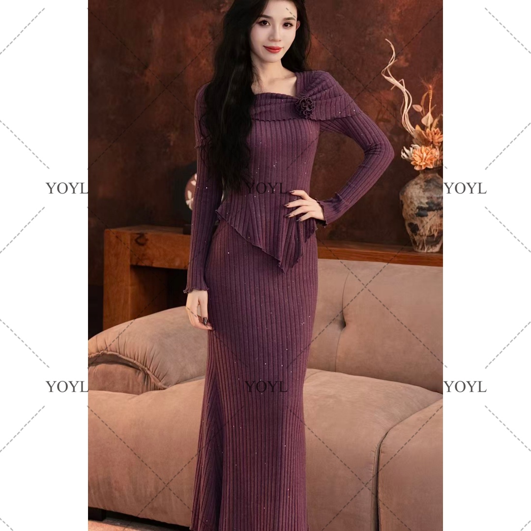 【yola】紫罗兰秋冬新款高级法式气质显瘦假两件鱼尾连衣裙-YL12046