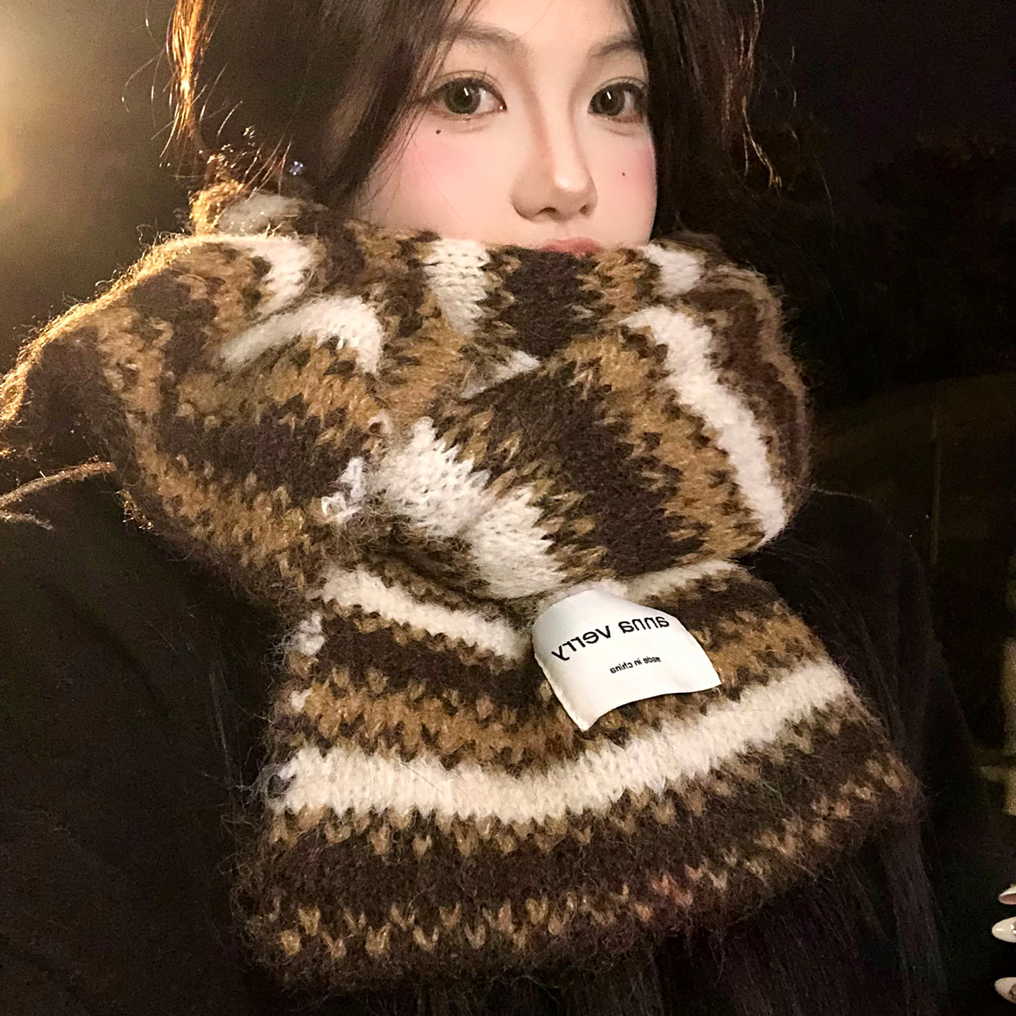 美拉德拼色含羊毛针织围巾女秋冬保暖加厚防寒护颈韩系氛围感围脖