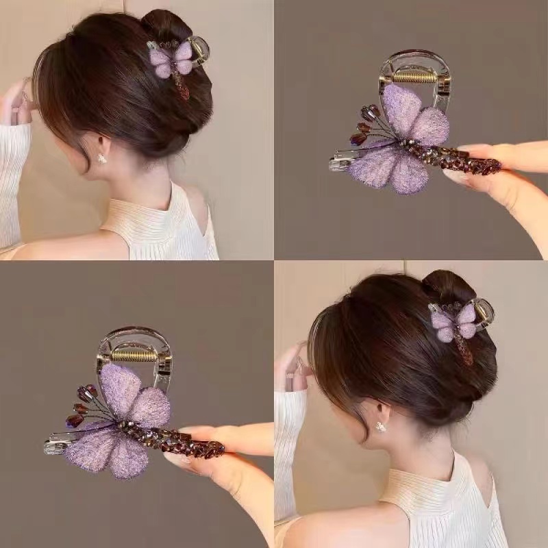气质复古风刺绣蝴蝶抓夹女中号2025新款后脑勺半扎发鲨鱼夹发饰