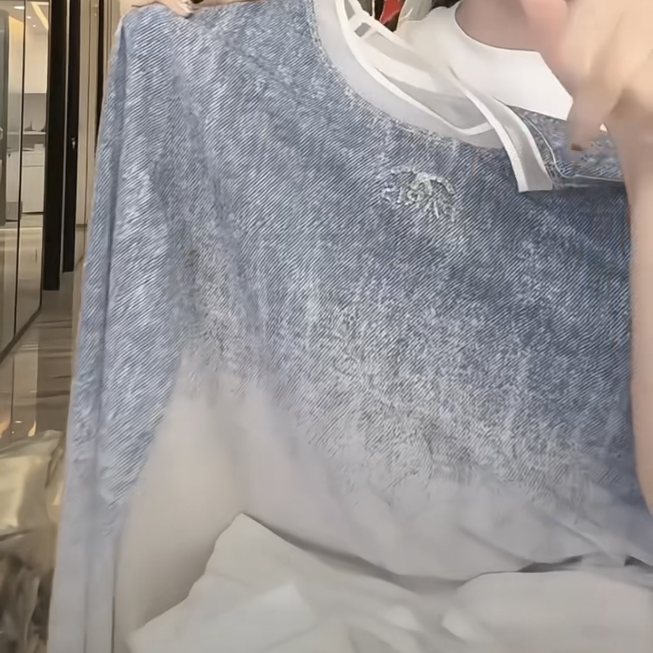 防晒常规款常规长袖圆领针织T恤气质仿牛仔拼接慵懒风1209