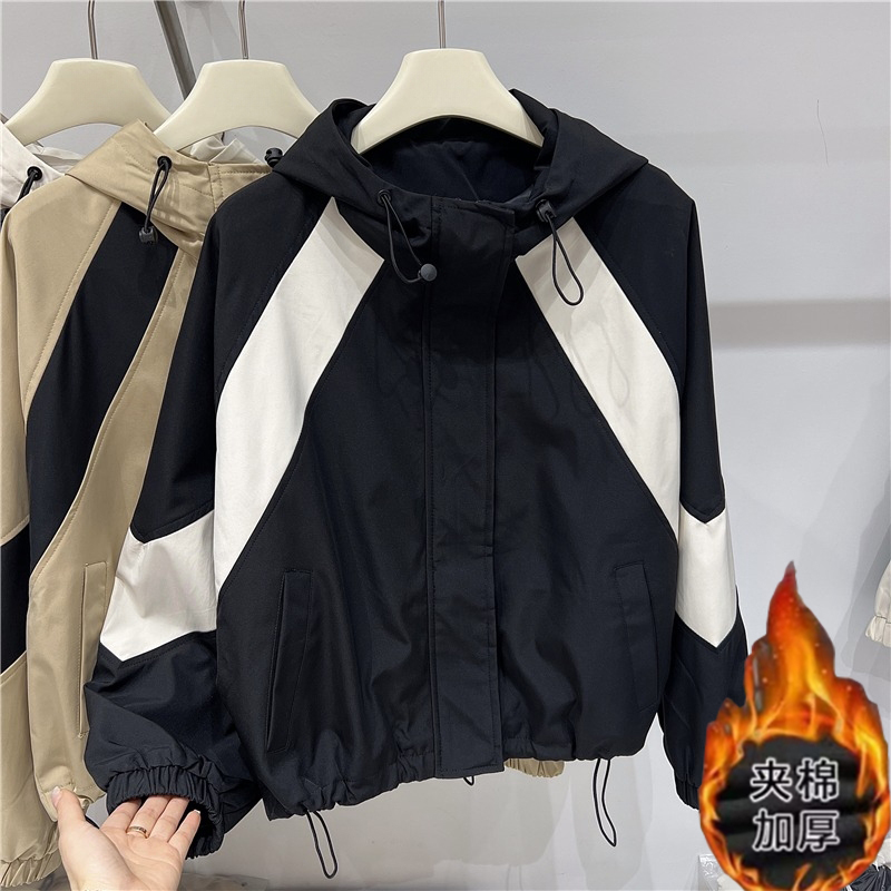 秋季穿搭拼色连帽冲锋衣外套女装夹克上衣设计感工装棒球服运动