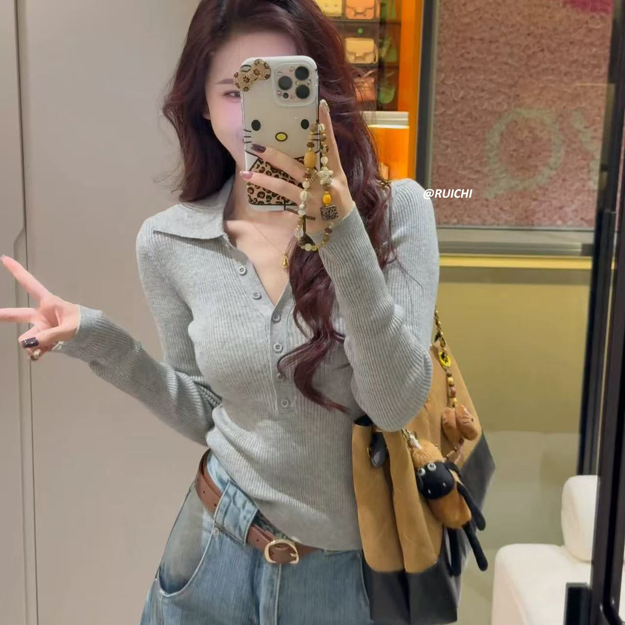 2025秋季新款韩版POLO领小马刺绣套头长袖灰色针织打底衫上衣女