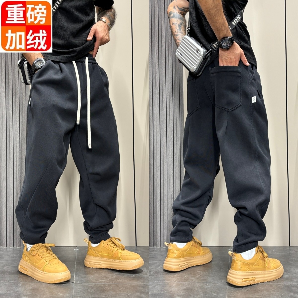 2025秋冬新款美式高街休闲裤男士大码宽松运动卫裤痞帅直筒弯刀裤