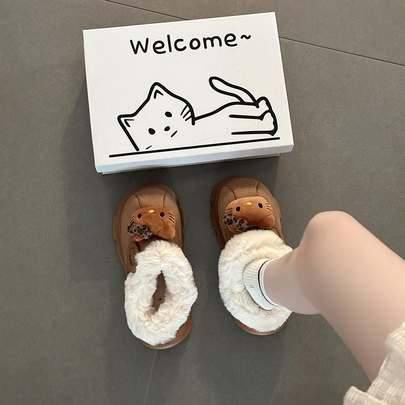 时尚复古森系卡通小猫包头拖女2025冬季新款外穿舒适保暖毛毛拖鞋