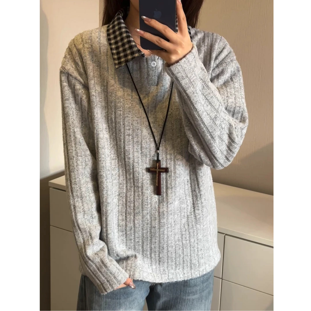 假两件条纹polo翻领打底长袖t恤男款秋冬美式复古加绒加厚卫衣