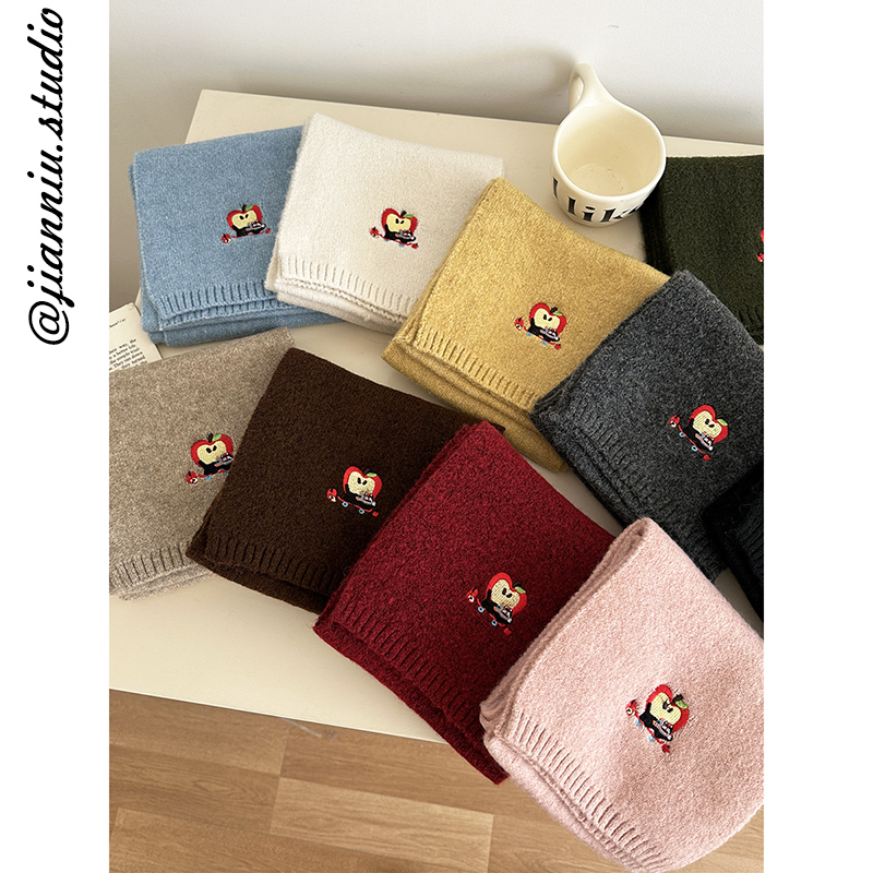 刺绣小苹果针织围巾女2025冬季新款韩系氛围感学生百搭保暖围脖潮