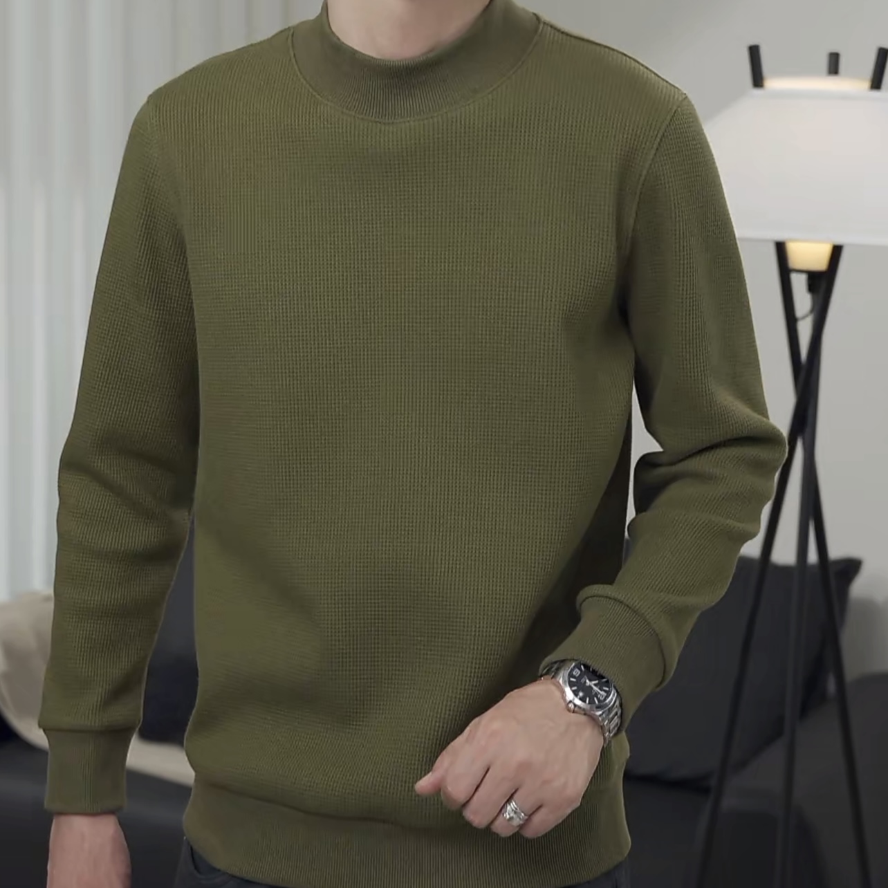 琥珀流光华夫格纯棉纯色半高领针织衫 加绒蓄热锁温 吸湿排汗显瘦