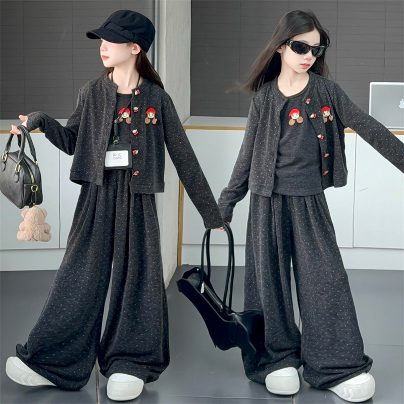 女童春秋圆点开衫套装2025新款韩系中大童洋气休闲阔腿裤三件套潮