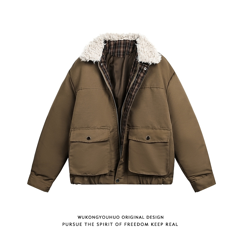 悟空有货潮牌冬季毛领工装加厚棉服男女美式复古情侣保暖百搭棉衣