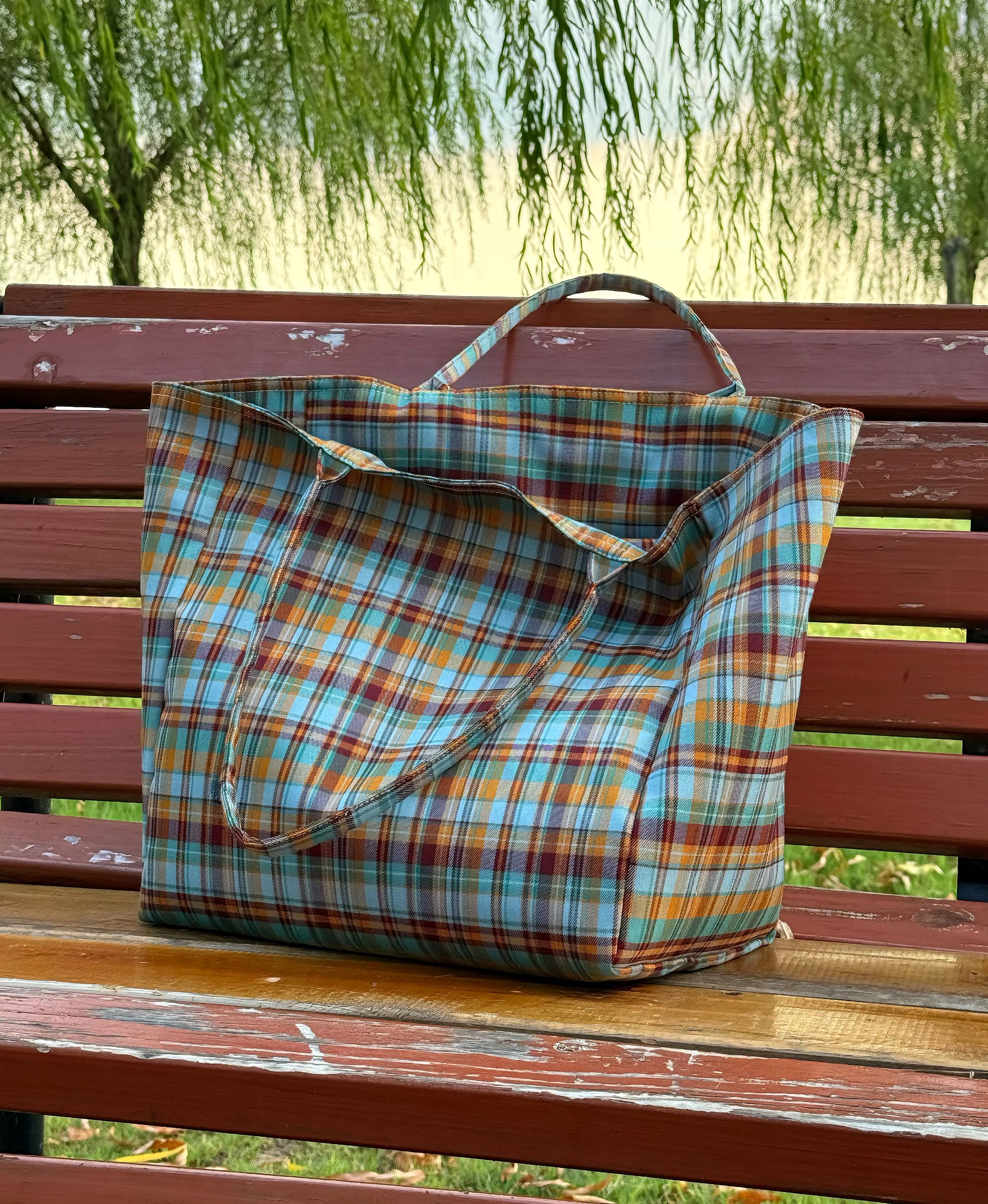 托特包格纹街头潮流日韩格子单肩包户外文艺可爱风度假风女士