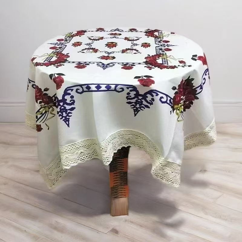 duhawa  dastihan 亚麻手工毛线绣花桌布 白色底方形茶几布盖巾