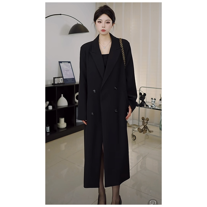 西装大衣女春秋季新款高级设计感宽松显瘦长款过膝双排扣黑色外套