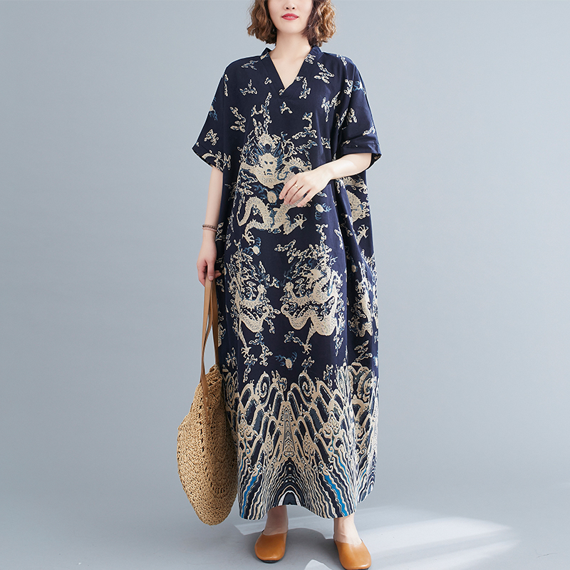 2025夏季女装新款棉麻印花v领长裙宽松大码简约度假风短袖连衣裙