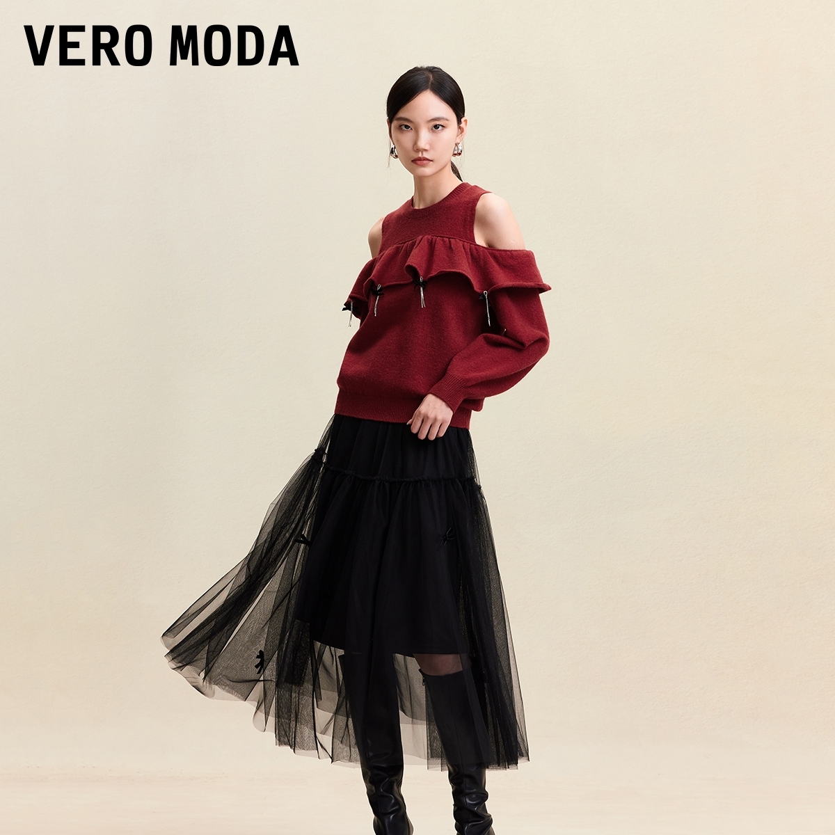 Vero Moda连衣裙2025秋冬新款蝴蝶结针织衫长裙真两件流光风