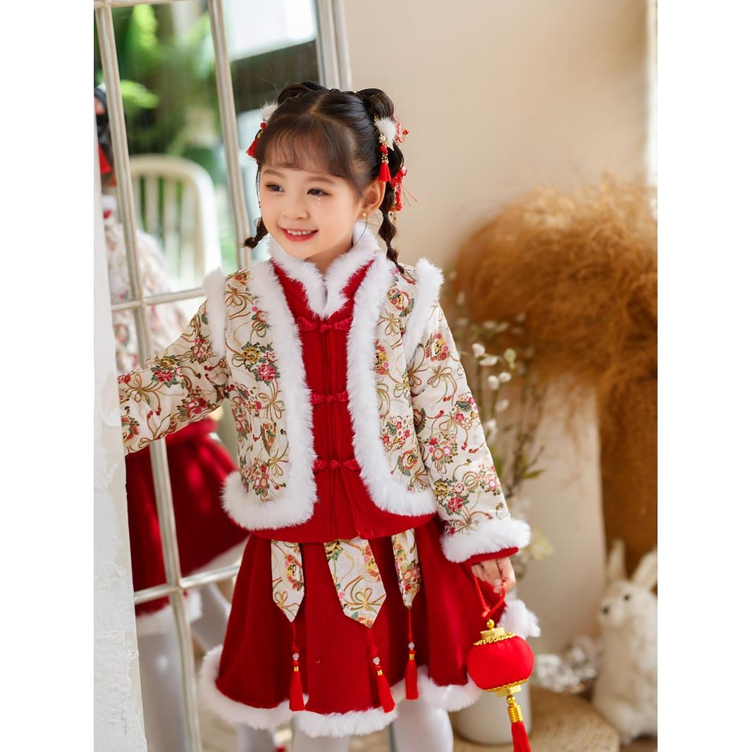 FAVMARTHA冬季女童汉服拜年服加绒加厚新年喜庆洋气中国风唐装儿