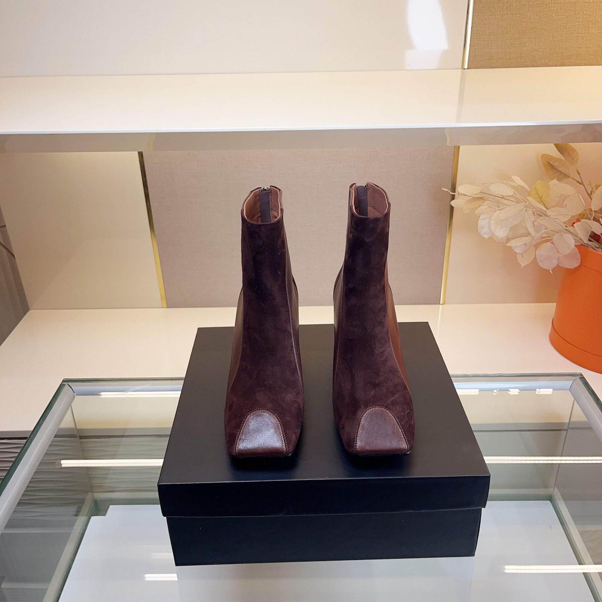 范戈希跟5cm全羊皮方头秋粗跟后拉链筒靴复古港风气质短靴买1赠3