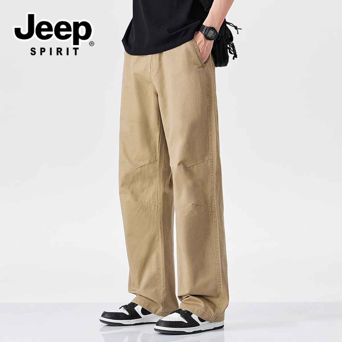 吉普高密度纯棉休闲裤男春夏季2025新款美式复古宽松直筒长裤子