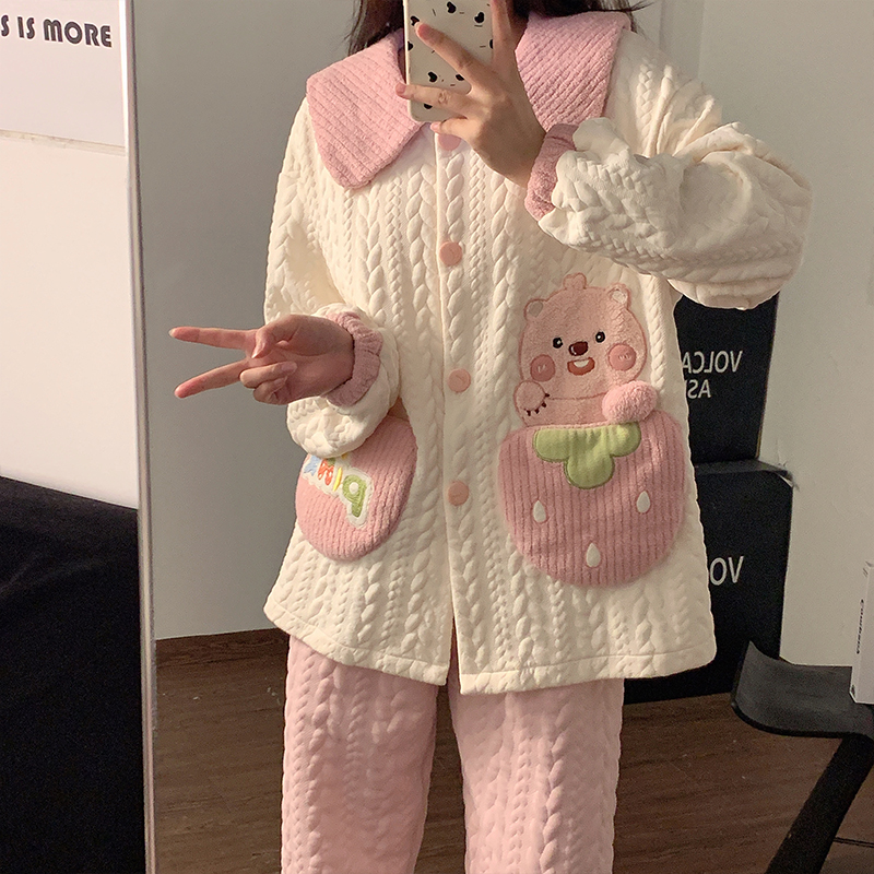 可爱卡通动漫睡衣女款秋冬季空气棉夹层长袖长裤套装高级感家居服