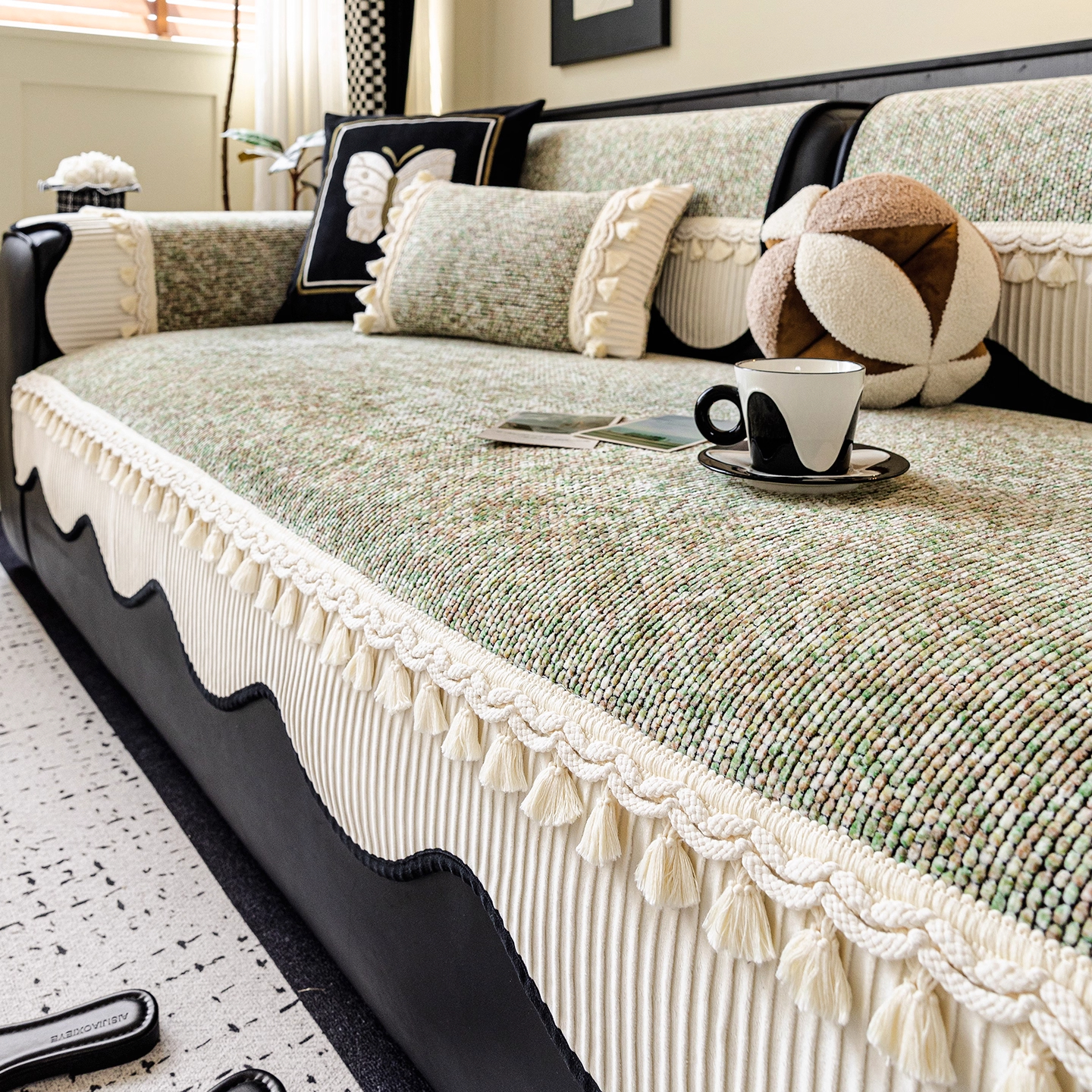 (异形素玲)中古风四季通用新款雪尼尔一片式直排沙发垫防滑四季款