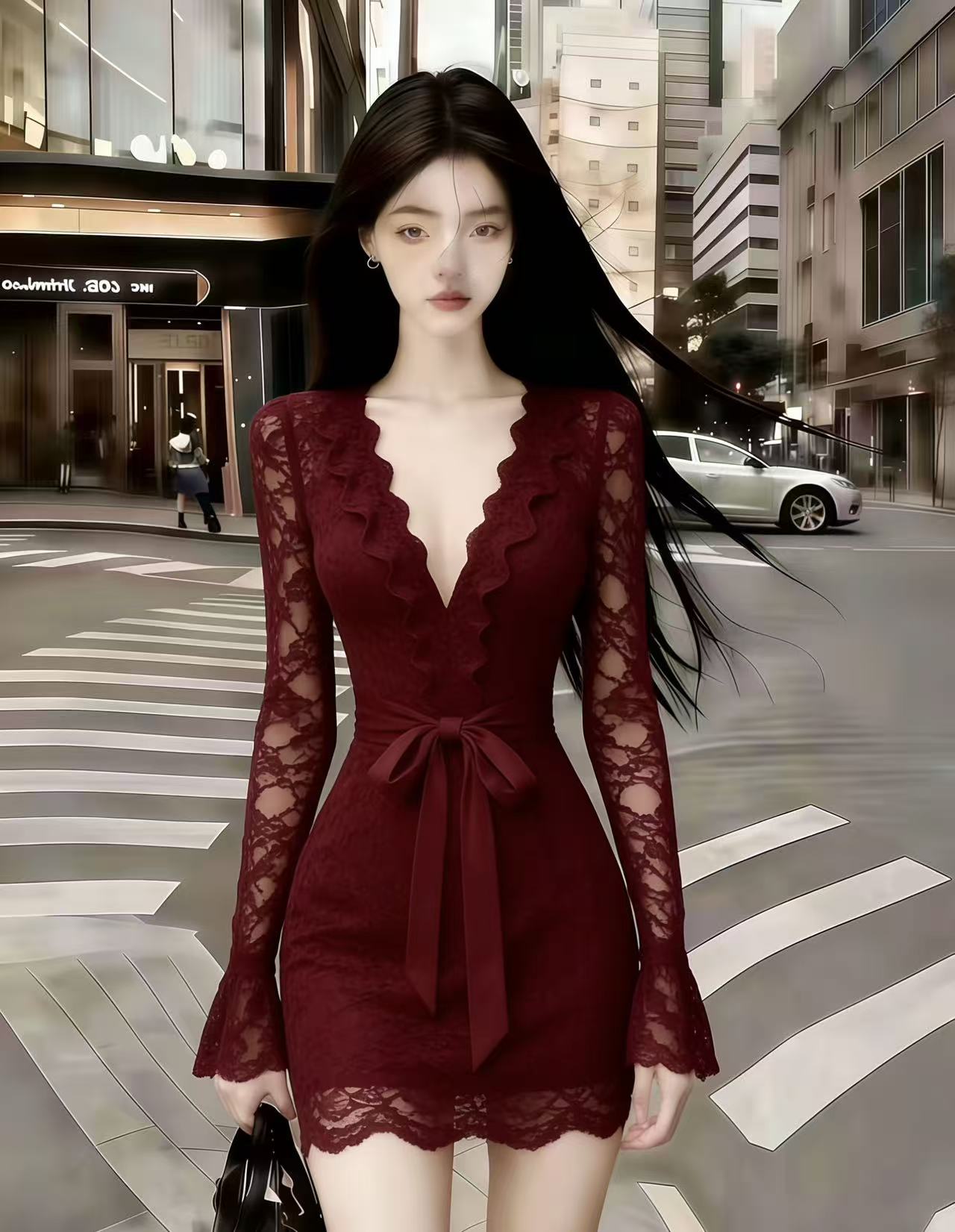 秋冬季静奢时尚性感酒红色蕾丝深V领长袖修身收腰系带包臀连衣裙