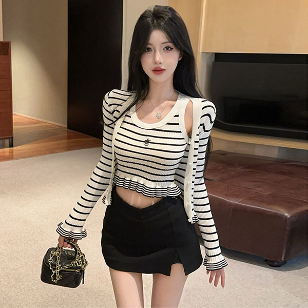 法式小香风条纹显瘦减龄针织开衫修身条纹背心百搭半身裙裤套装女