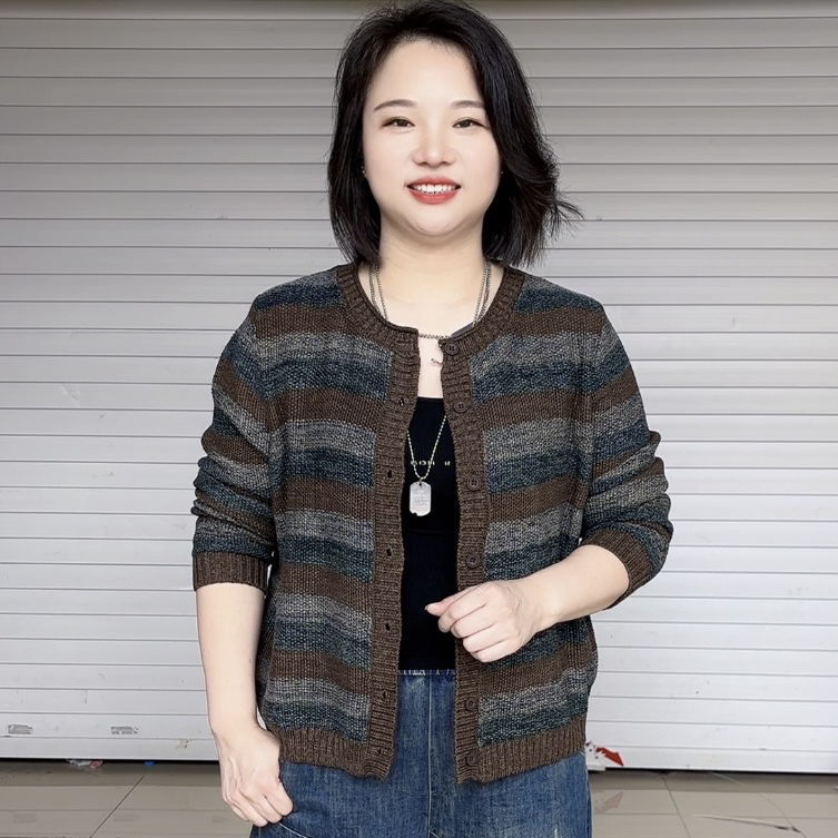 花线针织长袖圆领冬季毛针织衫春秋装开衫毛衣