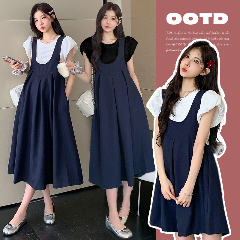 孕妇装夏套装2025夏季新款时尚时髦洋气甜美短袖上衣减龄背带裙子