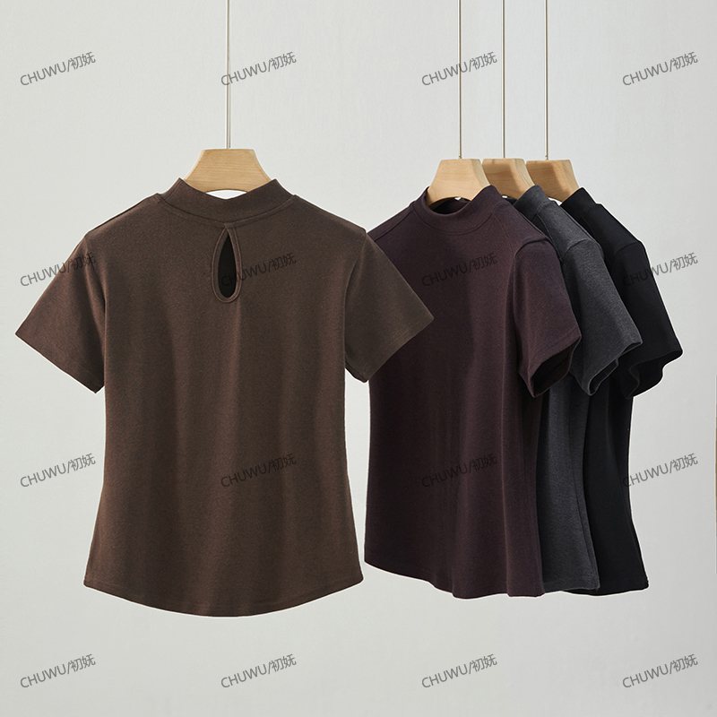 静奢风后水滴镂空半高领短袖无骨拼接设计百搭好穿修身亲肤T恤