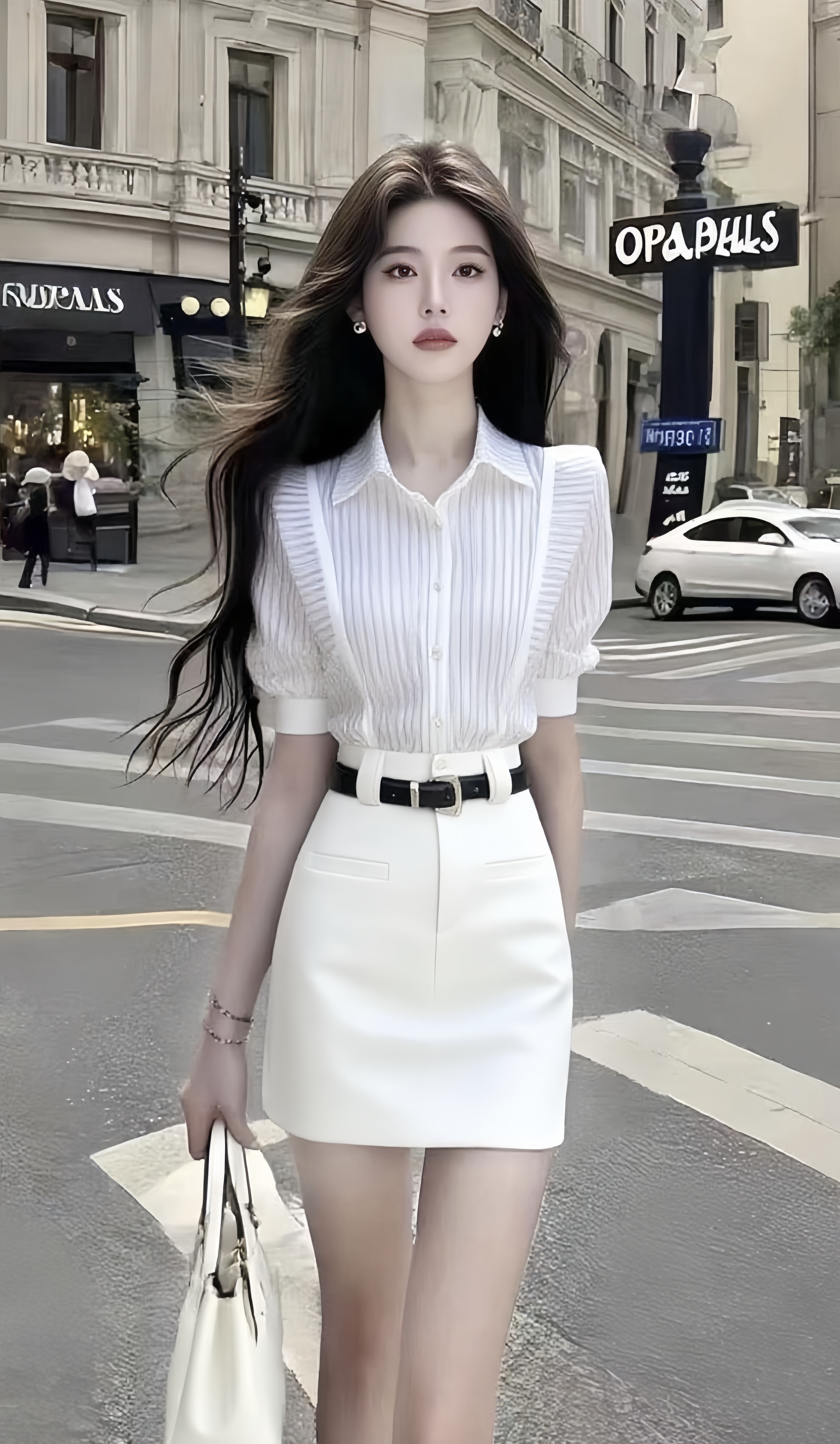 轻奢时尚气质名媛通勤风穿搭修身条纹衬衫上衣+高腰半裙白色套装