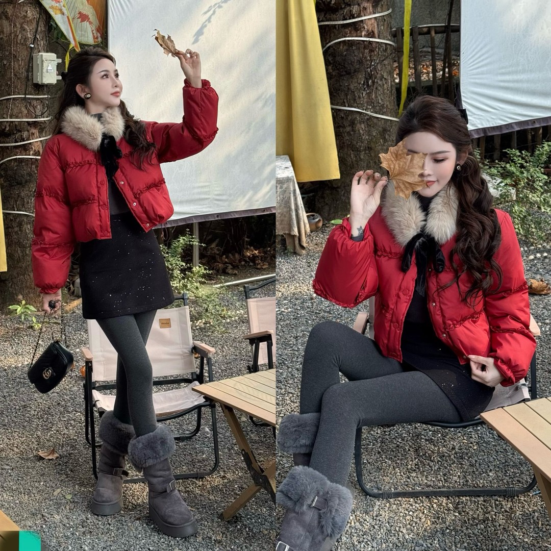 跨年战袍~今年冬季时尚短款毛领女荷叶边少女心棉服外套百搭保暖