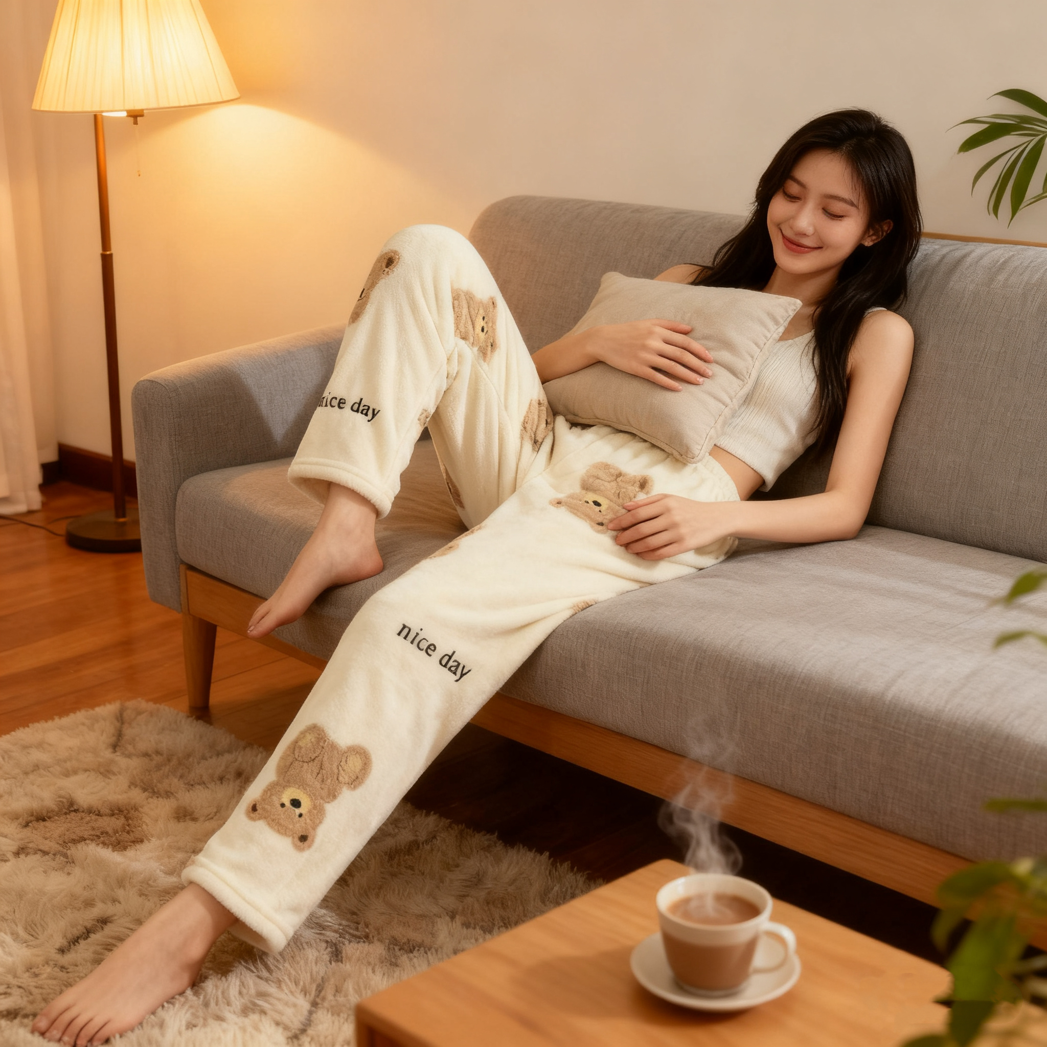 卡通居家睡裤女秋冬加绒裤子暖暖裤珊瑚绒宽松冬季保暖秋裤家居裤