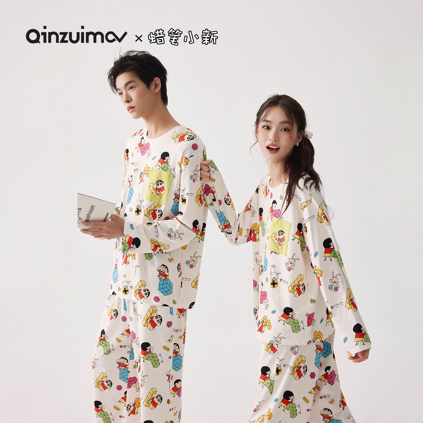 亲嘴猫【蜡笔小新】莫代尔棉可外穿长袖卡通情侣睡衣家居服套装秋