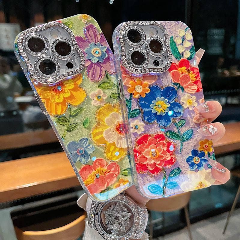 适用苹果系列iPhone16新款手机壳优雅黄紫花朵扭边钻框闪钻镜头膜