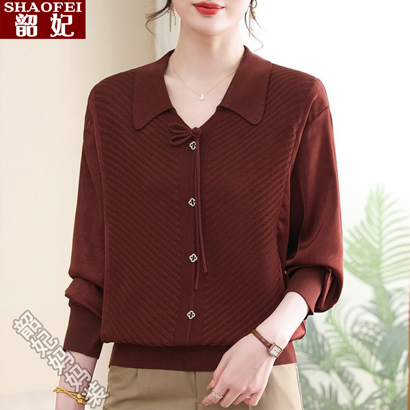 新中式针织衫气质上衣春秋妈妈装薄款T恤中老年女翻领洋气打底衫