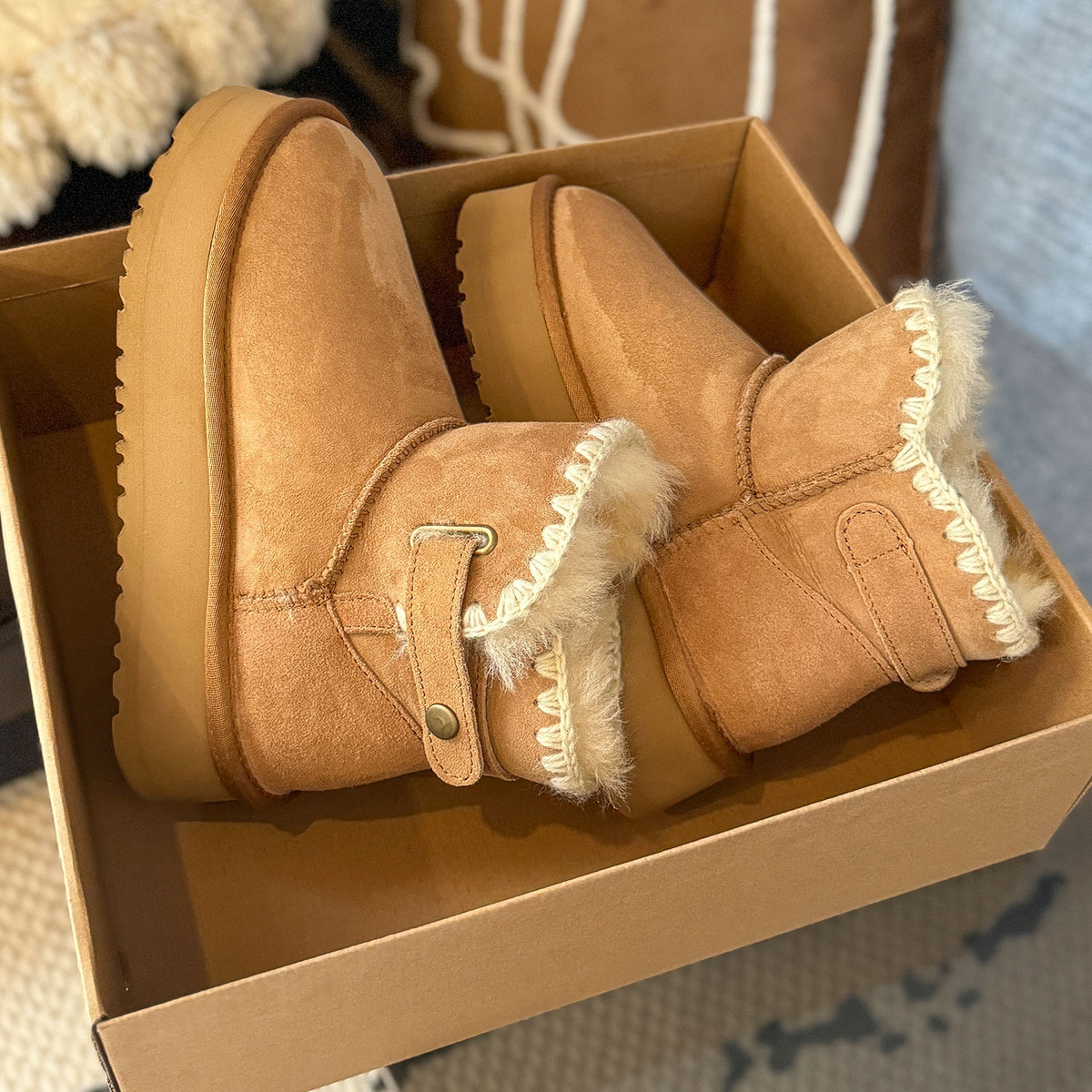 牛皮雪地靴女冬季2025新款皮毛一体厚底低帮编织防滑加绒加厚短靴