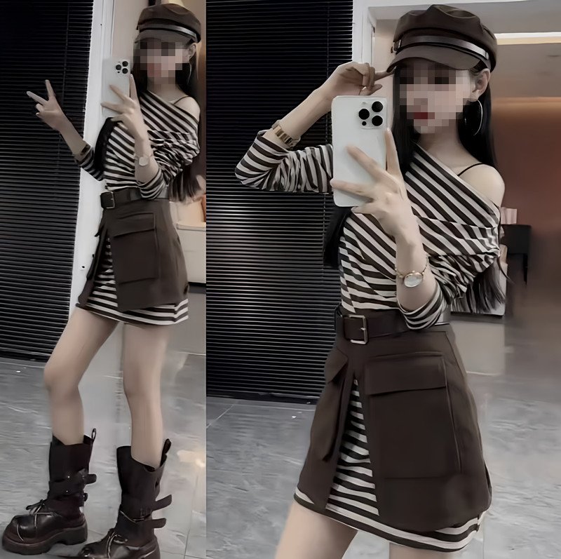 韩版气质一字肩条纹长袖T恤女秋季高腰显瘦百搭腰封工装裙两件套