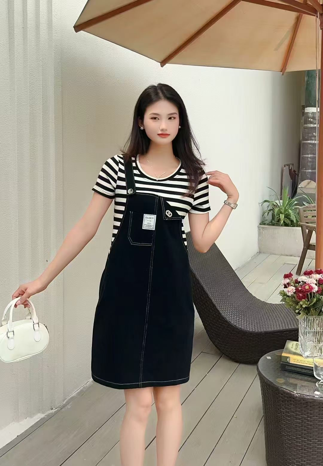 气质显瘦遮肉夏季潮流假两件条纹背带连衣裙裙子