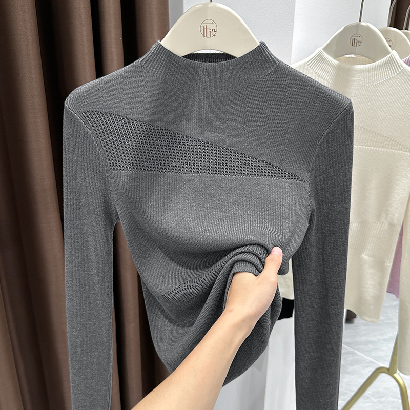 灰色休闲软糯镂空半高领打底衫秋冬2025新款修身长袖针织衫上衣女