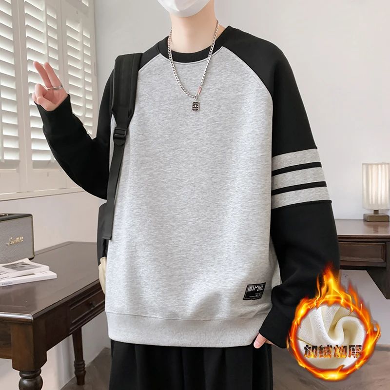秋冬季男生美式新款宽松休闲圆领加绒加厚卫衣潮流条纹拼色打底衫