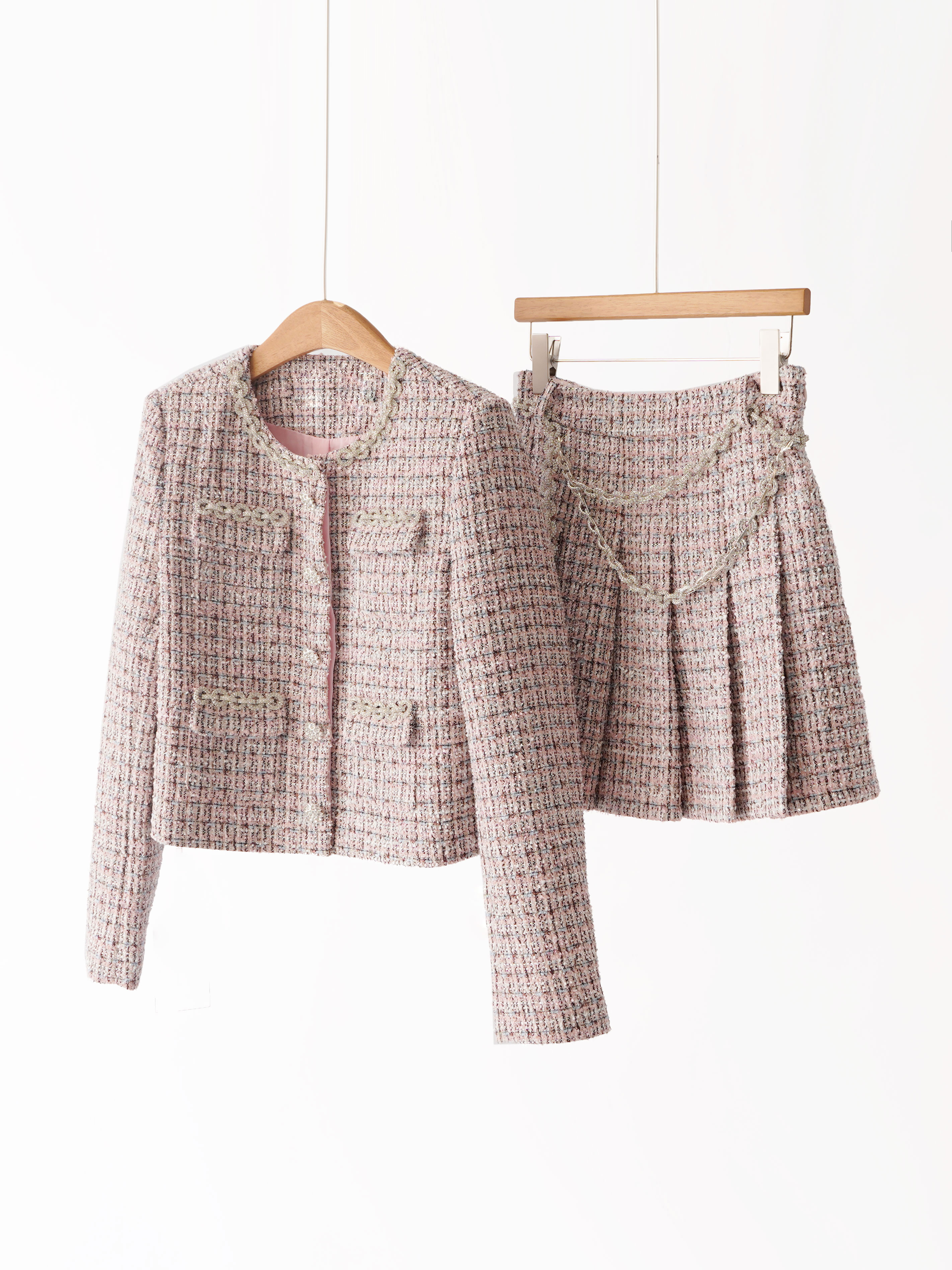 【YS11787】25秋冬新款红粉混色钻链小香风粗花呢外套半身裙套装