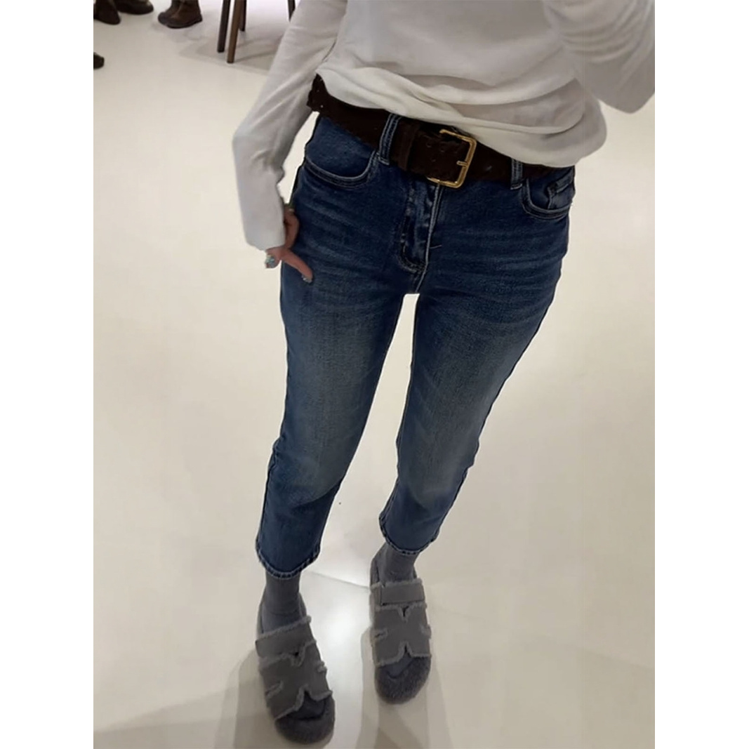 秋冬季新款复古百搭弹力直筒牛仔裤女大码百搭高腰显瘦九分烟管裤