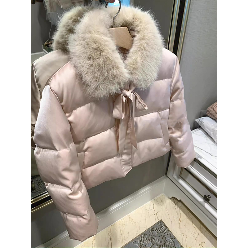 富家千金风名媛气质棉服外套女装冬季韩系蝴蝶结系带毛领短款棉袄